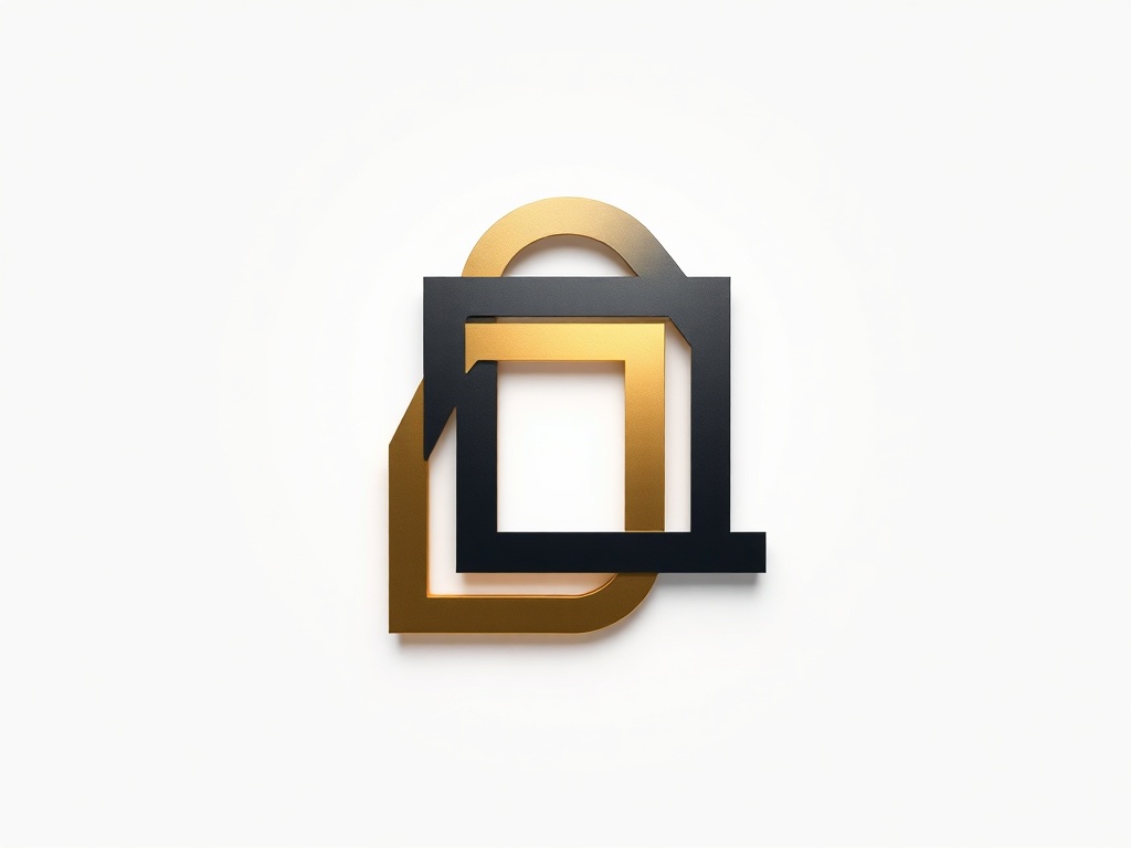 Minimalist geometric icon: interlocking shapes of gold and matte black on a white surface, clean lighting, photorealistic, 8k